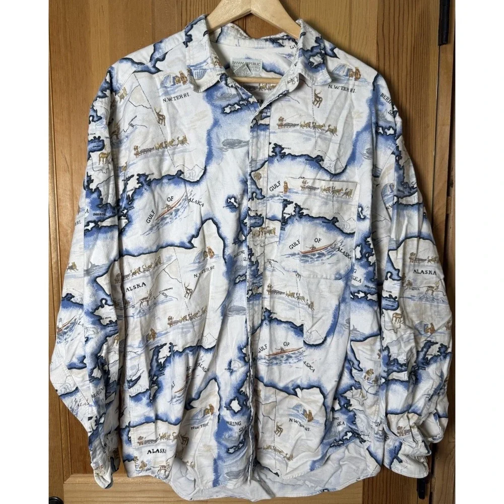 Banana Republic Safari & Travel Alaska Map FlannelShirt  AOP Men's Large EUC